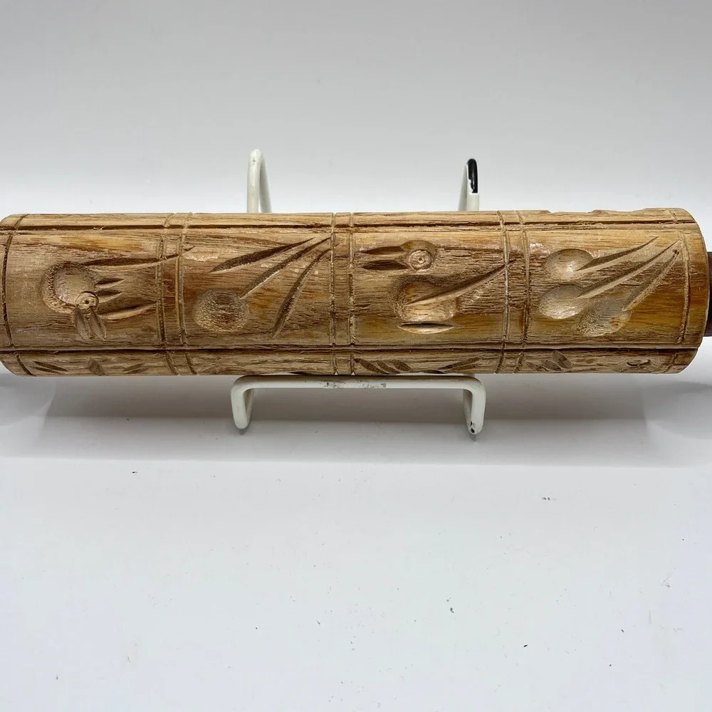 Vintage Hand Carved Wooden Springerle Rolling Pin Folk Art Cookie Mold Press